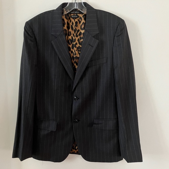 Marc Jacobs Gray Pinstripe Jacket w/ Silk Leopard Lining US 40 EU 50 L XL - Picture 1 of 7